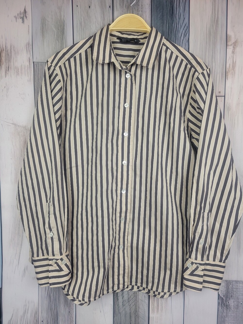 Zara Brown And Tan Vertical Stripe Long Sleeve Button Down Casual Blouse Size M